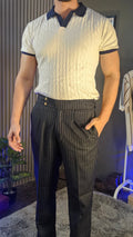 Navy Stripe Signature Button Gurkha Pant × White Diamond Cable Half Sleeves Knit Polo