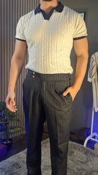 Navy Stripe Signature Button Gurkha Pant × White Diamond Cable Half Sleeves Knit Polo