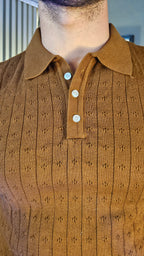Brown Wide Stripes Full Sleeves Knit Polo × Black Corduroy Oxford Gurkha Pant