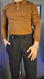 Brown Wide Stripes Full Sleeves Knit Polo × Black Corduroy Oxford Gurkha Pant