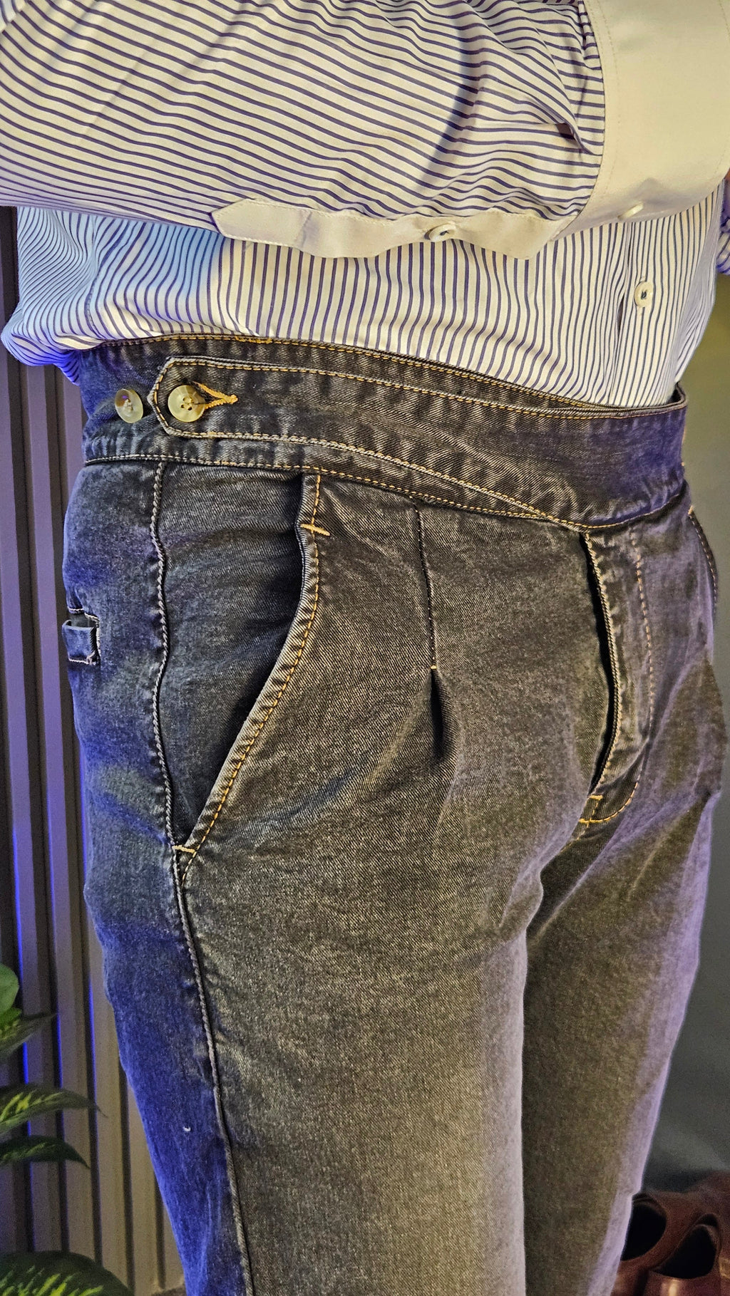 Anthracite Denim Classic Button Gurkha Pant × Navy Contrast Stripes Shirt