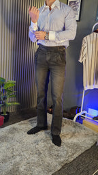Anthracite Denim Classic Button Gurkha Pant × Navy Contrast Stripes Shirt
