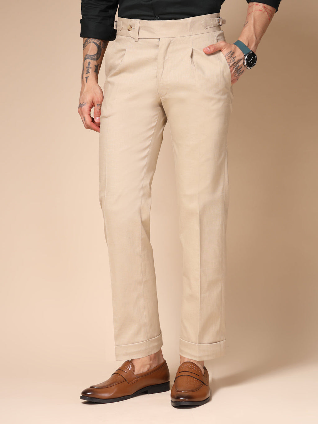 Beige Linen Elegant Gurkha Pants | Boot Cut Fit by Italian Vega®
