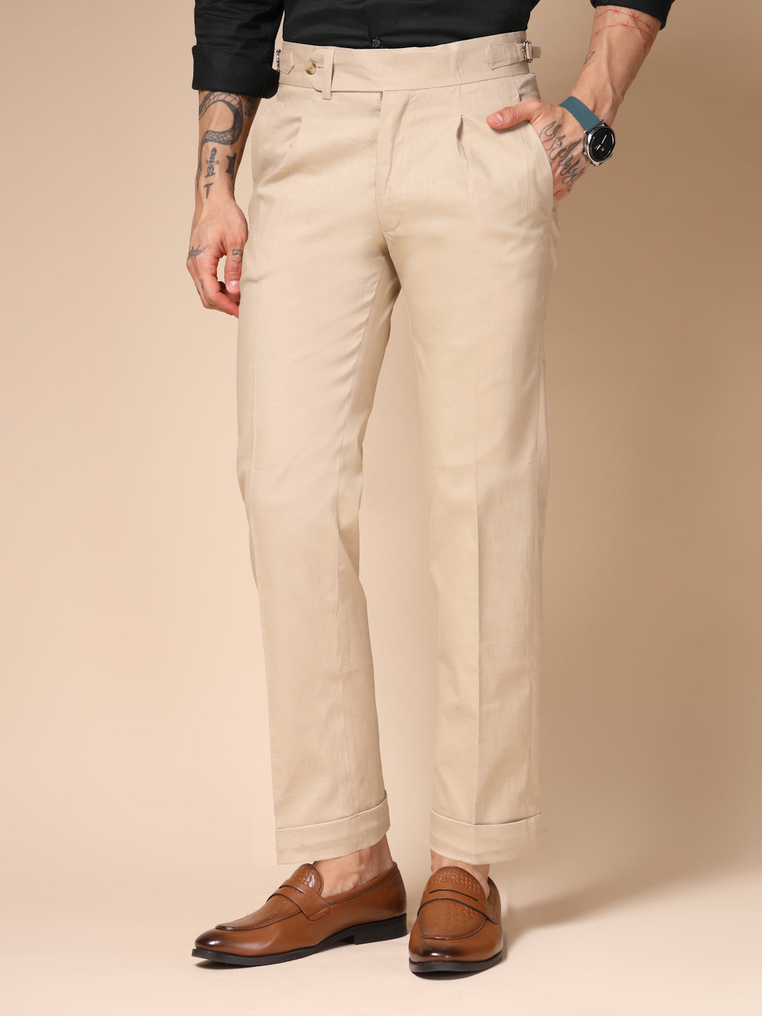 Beige Linen Elegant Gurkha Pants | Boot Cut Fit by Italian Vega®
