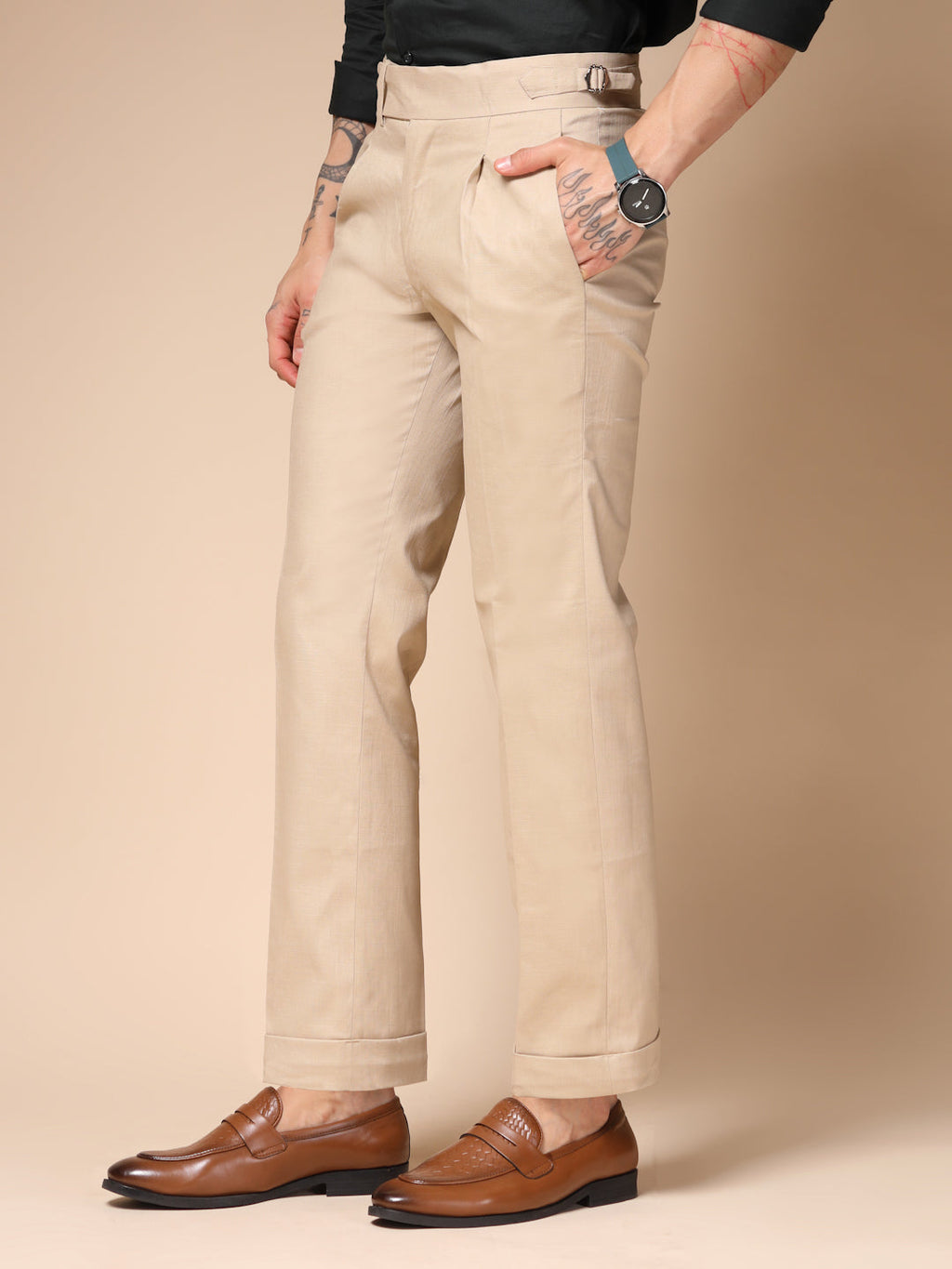 Beige Linen Elegant Gurkha Pants | Boot Cut Fit by Italian Vega®