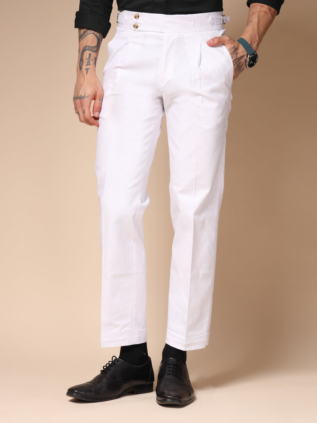 White Linen Signature Buttoned Gurkha Pants | Boot Cut Fit by Italian Vega®