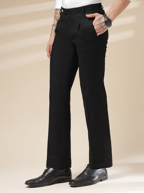 Black Linen Formal Pleated Gurkha Pants | Boot Cut Fit by Italian Vega®