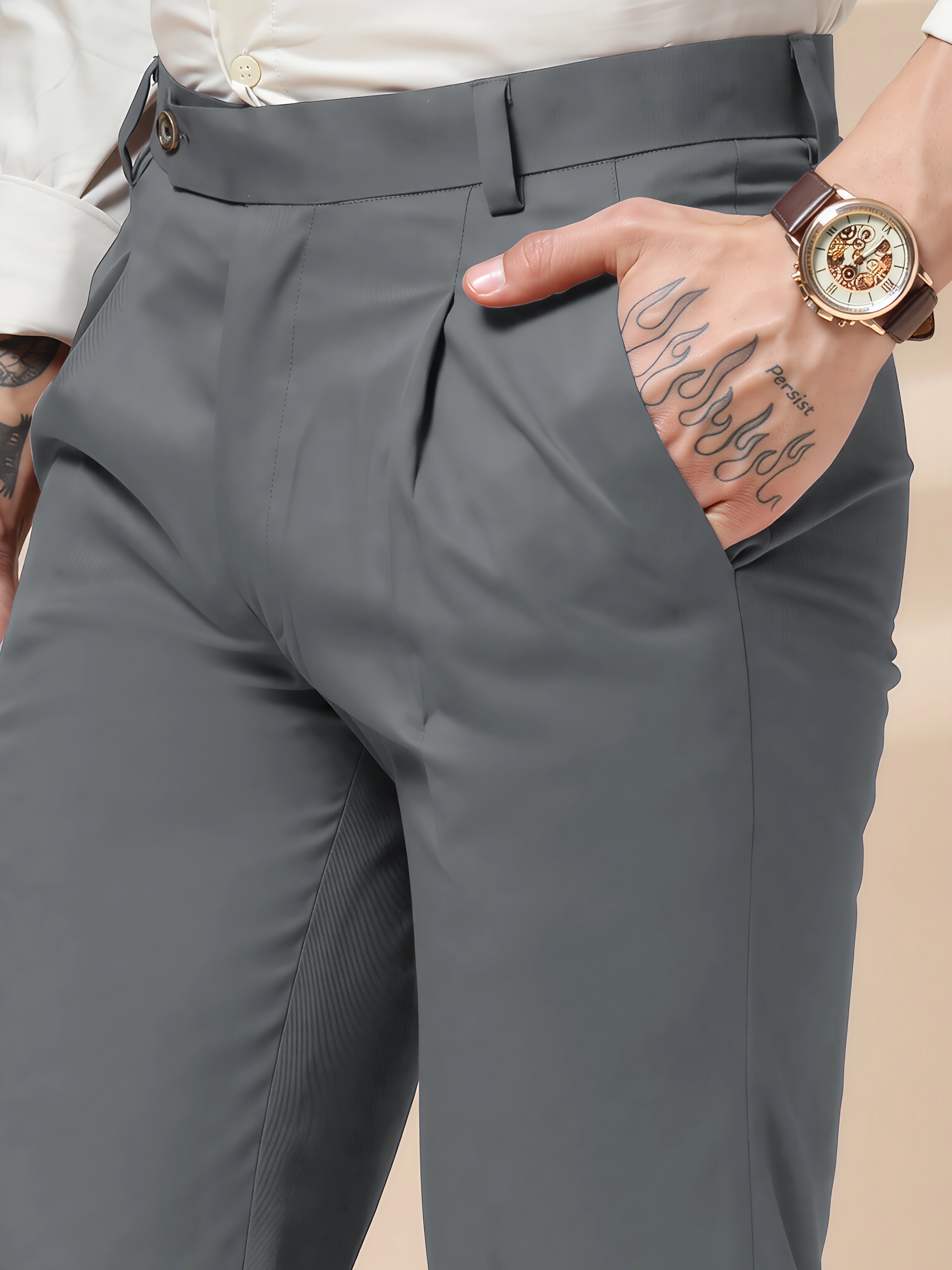 Stone Grey Men Pleated Formal Trouser by Italian Vega®
