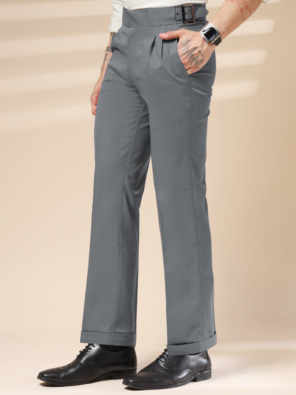 Stone Grey Classic Buckle Formal Gurkha Pants by ITALIAN VEGA®