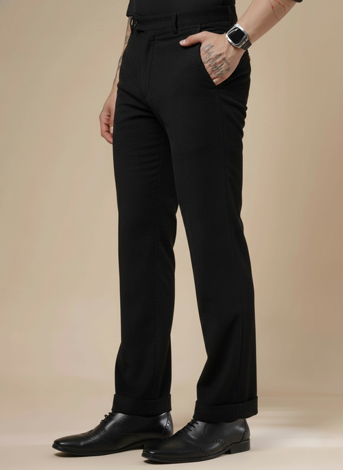 Black Corduroy Men Pleated Formal Pants | Boot Cut Fit by ITALIAN VEGA®
