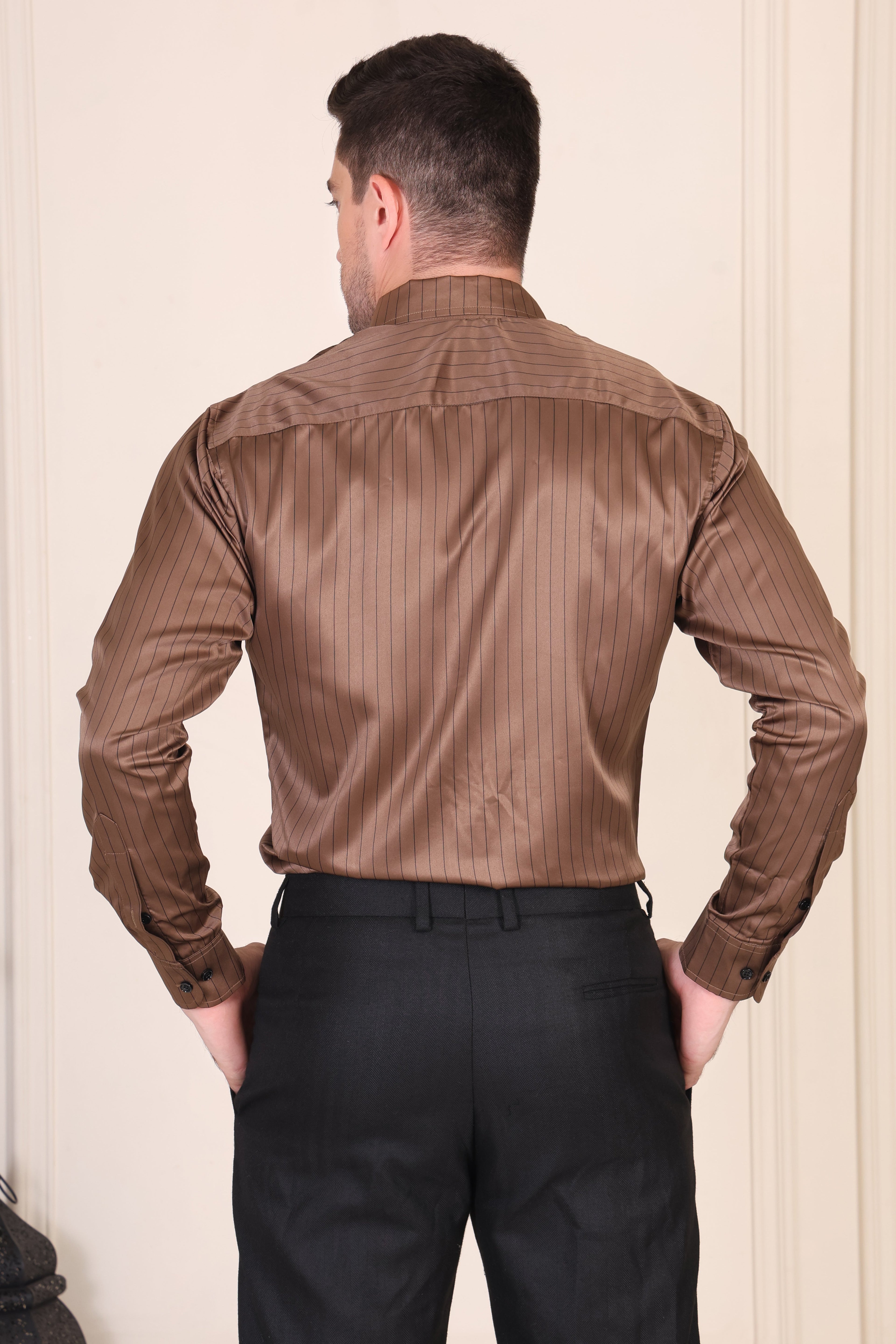 Old Money Brown Satin Stripe One Piece Collar Shirt  by Italian Vega®