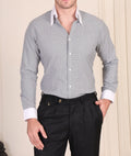 Grey textured cotton viscose shirt with white contrast collar and cuffs for men by Italian Vega®, styled with black trousers.