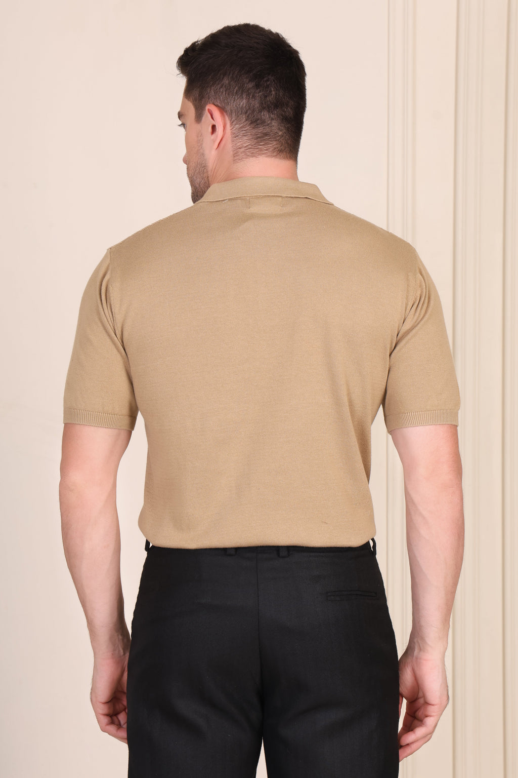 Beige Wide Stripes Half Sleeves Knit Polo by ITALIAN VEGA