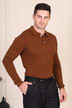 Brown Wide Stripes Full Sleeves Knit Polo by ITALIAN VEGA