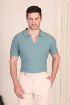 Herringbone Sage Green Half Sleeve Knit Polo by ITALIAN VEGA®