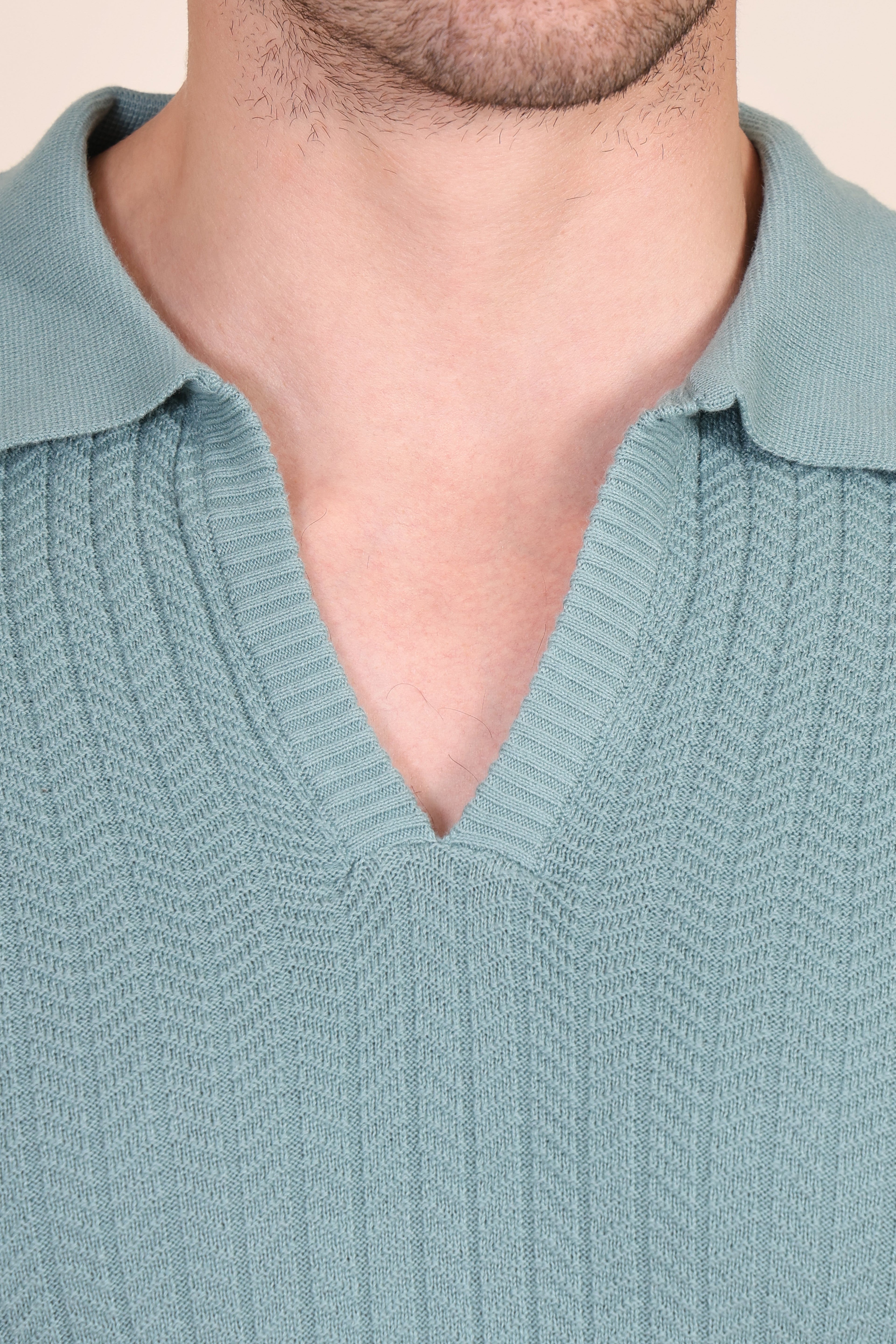 Herringbone Sage Green Half Sleeve Knit Polo by ITALIAN VEGA®