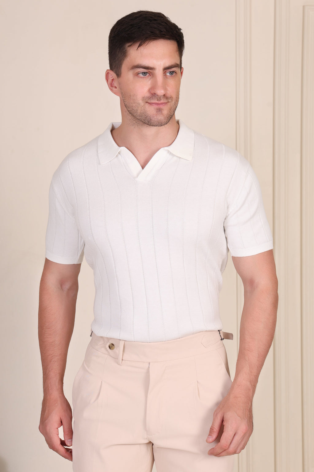 White Half Sleeve Knit Polo | Wide Ribbed by ITALIANVEGA®