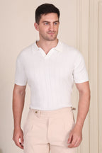 White Half Sleeve Knit Polo | Wide Ribbed by ITALIANVEGA®