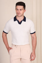 White Diamond Cable Half Sleeve Knit Polo by ITALIAN VEGA®