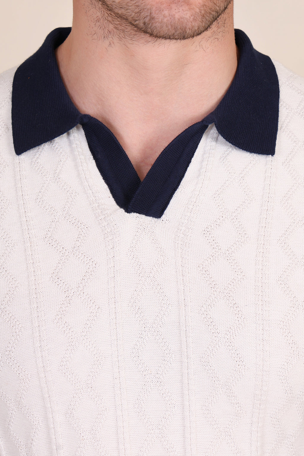 White Diamond Cable Half Sleeve Knit Polo by ITALIAN VEGA®