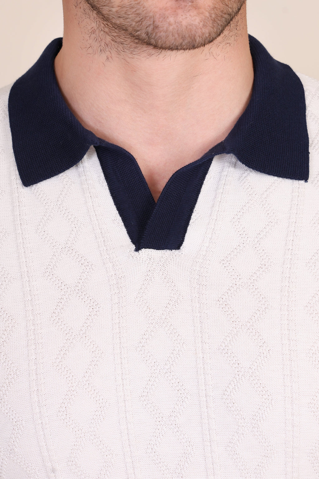 White Diamond Cable Knit Full Sleeves Polo by ITALIAN VEGA®