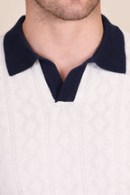 White Diamond Cable Knit Full Sleeves Polo by ITALIAN VEGA®
