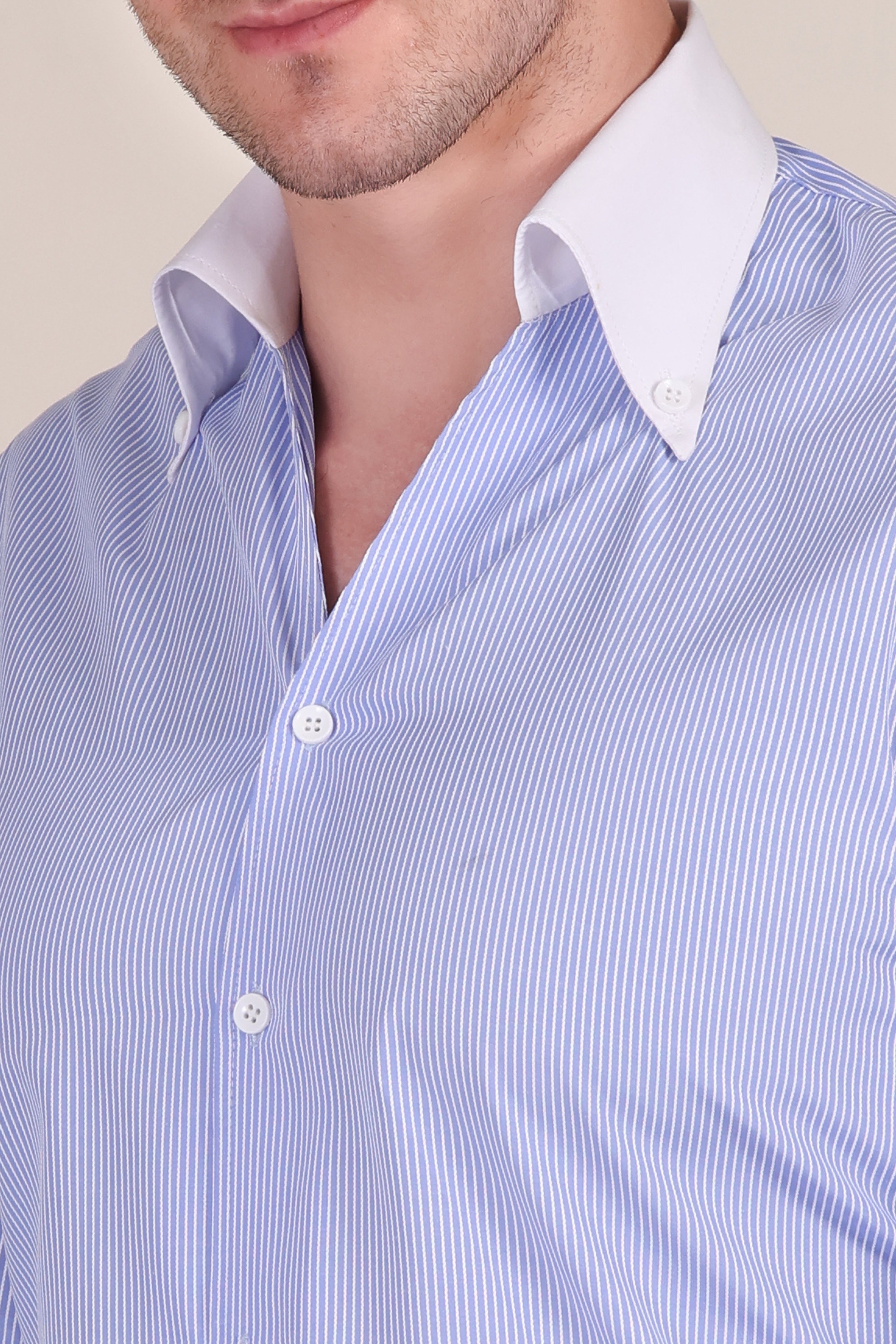 Old Money Sky Blue Contrast Pinstripe One Piece Collar by Italian Vega®