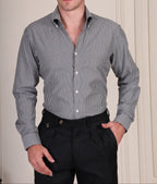 Black and white pinstripe cotton viscose shirt with one piece collar for men by Italian Vega®, styled with black trousers.