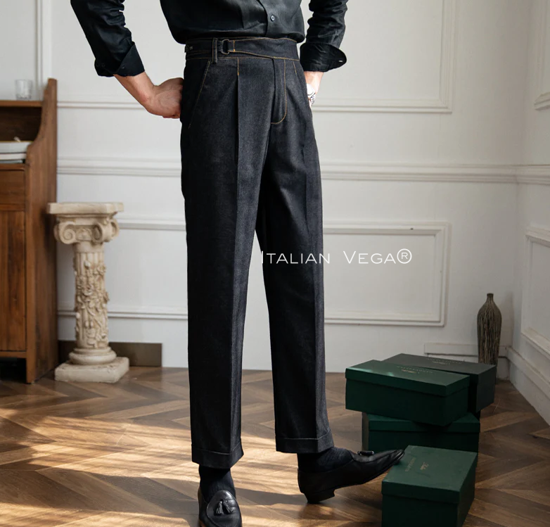 Old Money Navy Stripe Shirt with Space Blue Veteran Denim Gurkha Pant by ITALIAN VEGA®