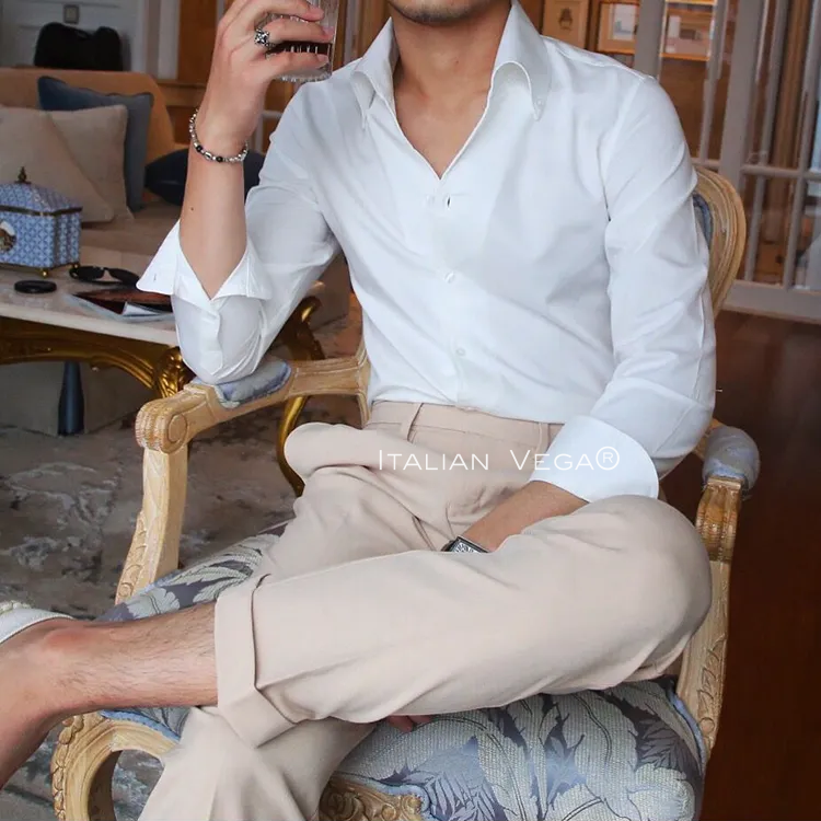 Old Money White Shirt with Grey Herringbone Signature Buttoned Gurkha Pant by ITALIAN VEGA®