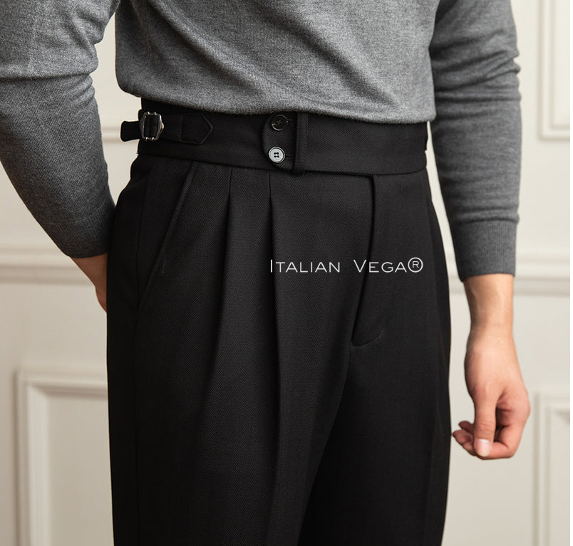 Old Money Crepe Stripe Shirt with Black Herringbone Signature Buttoned Gurkha Pant by ITALIAN VEGA®
