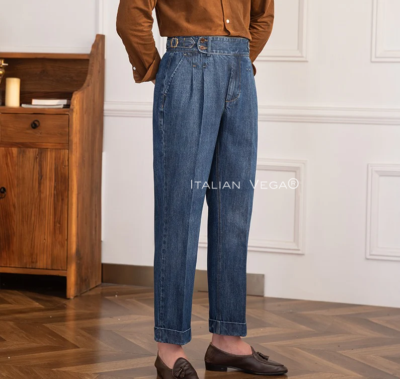 Old Money Navy Stripe Shirt with Dark Blue Denim Signature Buttoned Gurkha Pant by ITALIAN VEGA®