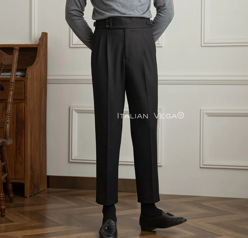 Old Money Grey Stripe Shirt with Black Herringbone Signature Buttoned Gurkha Pant by ITALIAN VEGA®