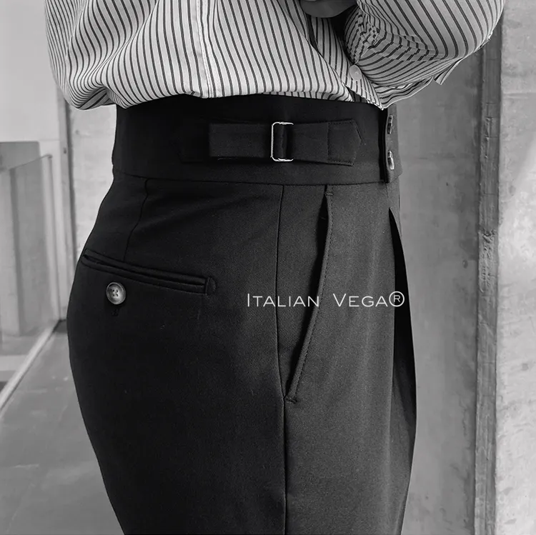 Old Money Grey Stripe Shirt with Black Signature Buttoned Gurkha Pant by ITALIAN VEGA®