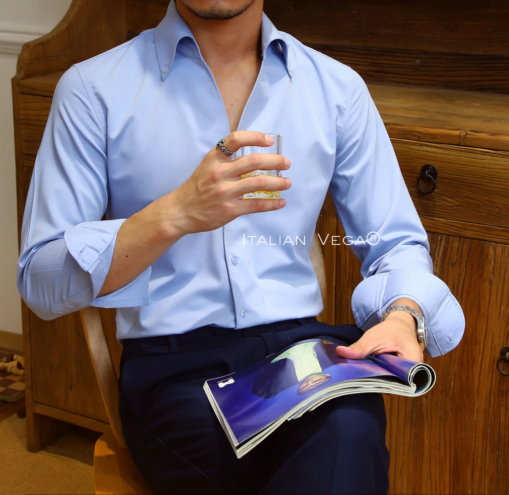Old Money Powder Blue Shirt with Grey Herringbone Signature Buttoned Gurkha Pant by ITALIAN VEGA®