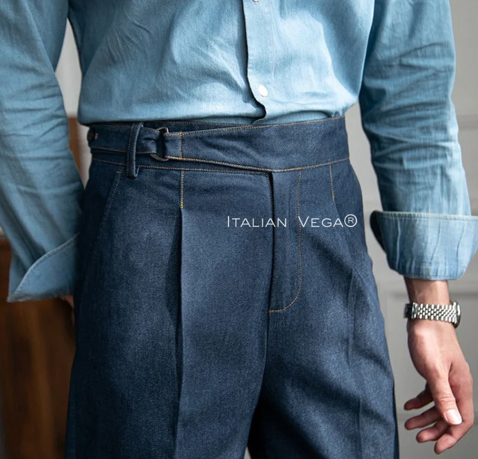 Old Money Grey Stripe Shirt with Blue Veteran Denim Gurkha Pant by ITALIAN VEGA®