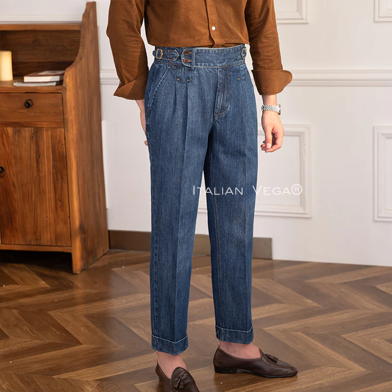 Old Money Black Shirt with Dark Blue Denim Signature Buttoned Gurkha Pant by ITALIAN VEGA®