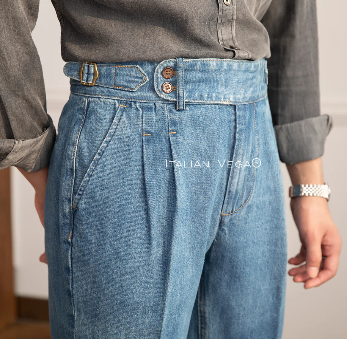 Old Money Navy Stripe Shirt with Sky Blue Denim Signature Buttoned Gurkha Pant by ITALIAN VEGA®