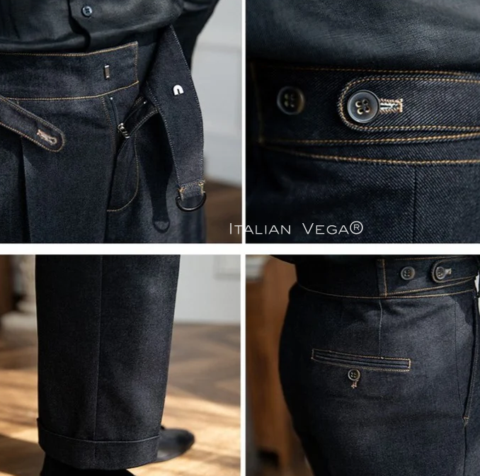 Old Money Navy Stripe Shirt with Space Blue Veteran Denim Gurkha Pant by ITALIAN VEGA®