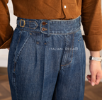 Old Money Navy Stripe Shirt with Dark Blue Denim Signature Buttoned Gurkha Pant by ITALIAN VEGA®