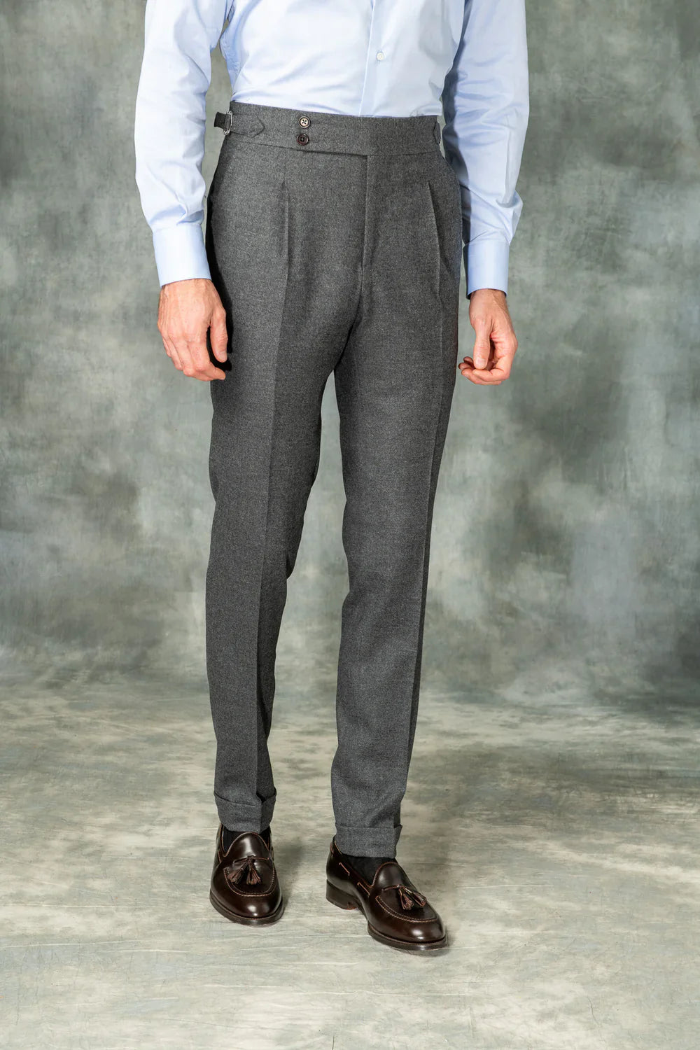 Old Money Grey Stripe Shirt with Anthracite Flannel Signature Buttoned Gurkha Pant by ITALIAN VEGA®
