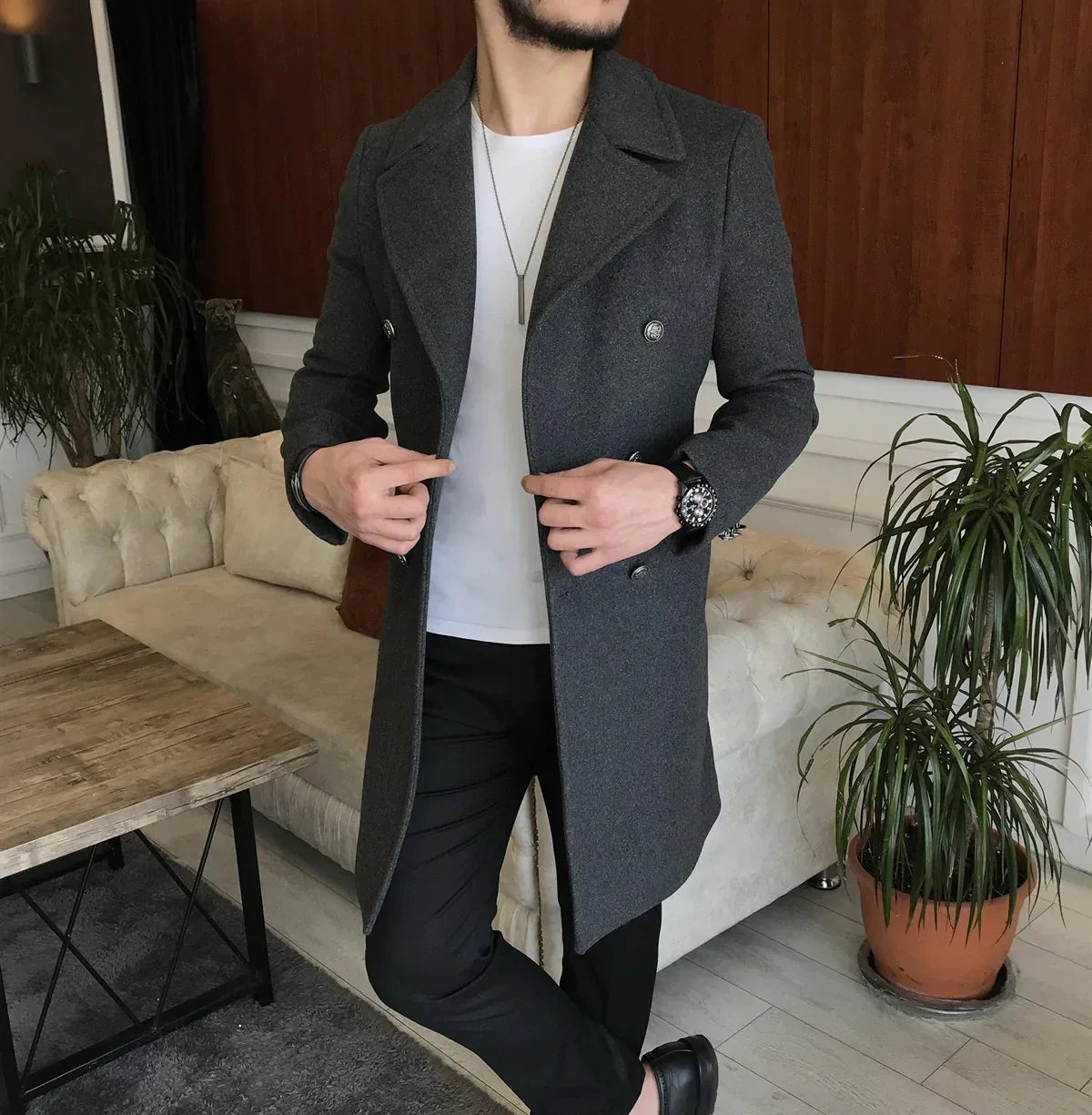 Frost Slim Fit Dark Grey Double Breasted Wool Over Coat by ITALIAN VEGA® (Winter Special)