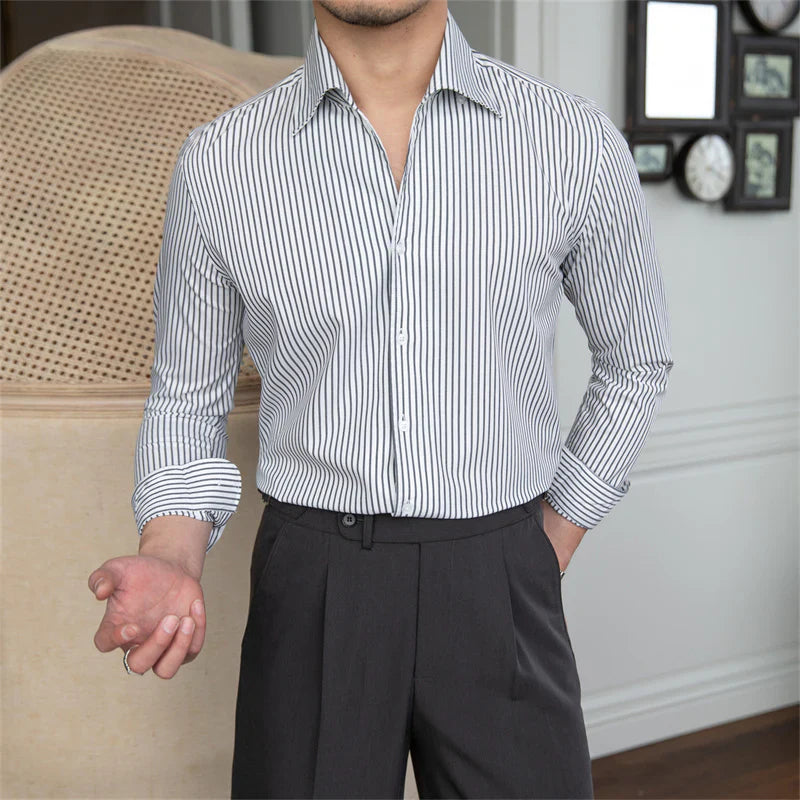 Old Money Grey Stripe Shirt with Space Blue Veteran Denim Gurkha Pant by ITALIAN VEGA®