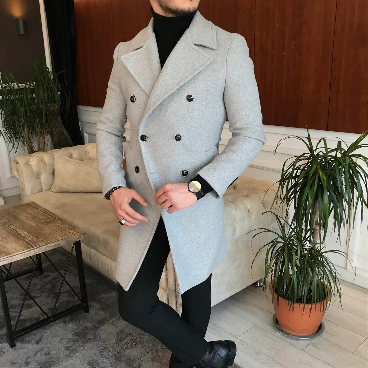 Frost Slim Fit Light Grey Double Breasted Wool Over Coat by ITALIAN VEGA® (Winter Special)