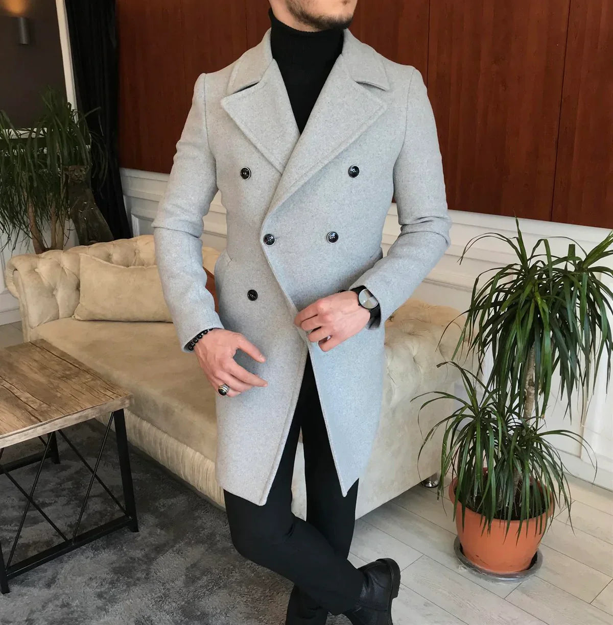 Frost Slim Fit Light Grey Double Breasted Wool Over Coat by ITALIAN VEGA® (Winter Special)